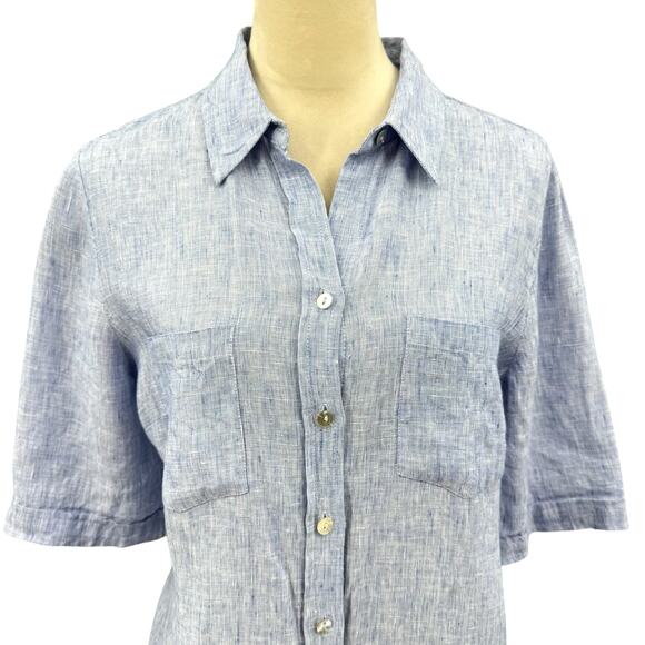 Chico’s Sz 1 Heather Blue Linen Long Line Button Front Side Slit Tunic Shirt - Picture 5 of 16